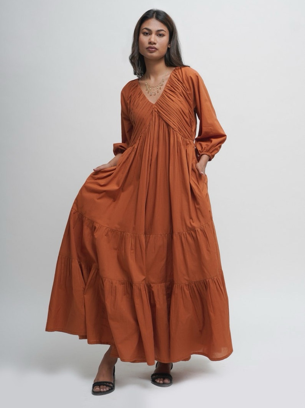 TAILOR DIDI x ANTHROPOLOGIE Organic Cotton Tiered Maxi Dress in Rust Size XL - Picture 3 of 8